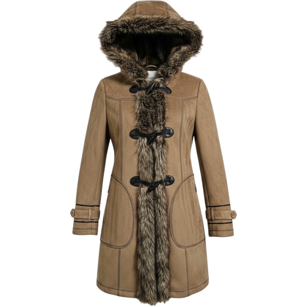 Penny Lane Bohemian Coat Women Sm Tan Faux Suede Fur Trim Toggle Hooded Jacket